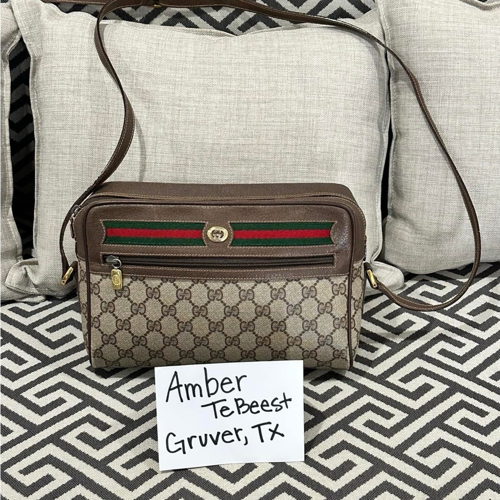 Gucci Brown and Green Crossbody Bag with GG Pattern and Gold Hardware